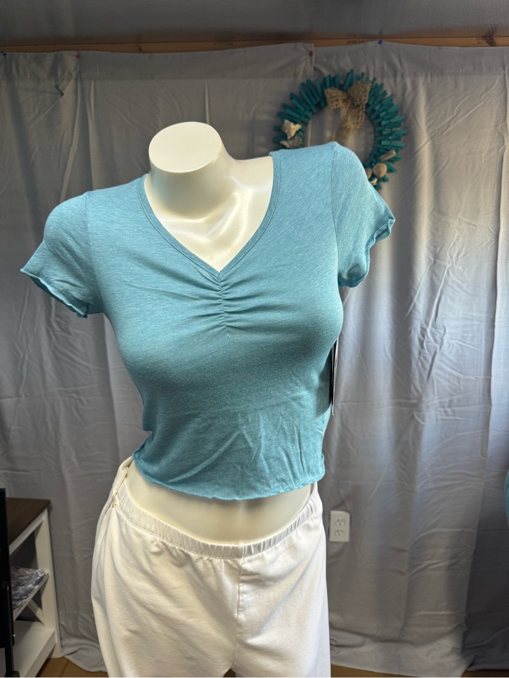 Ruched V-Neck Teal Crop Top